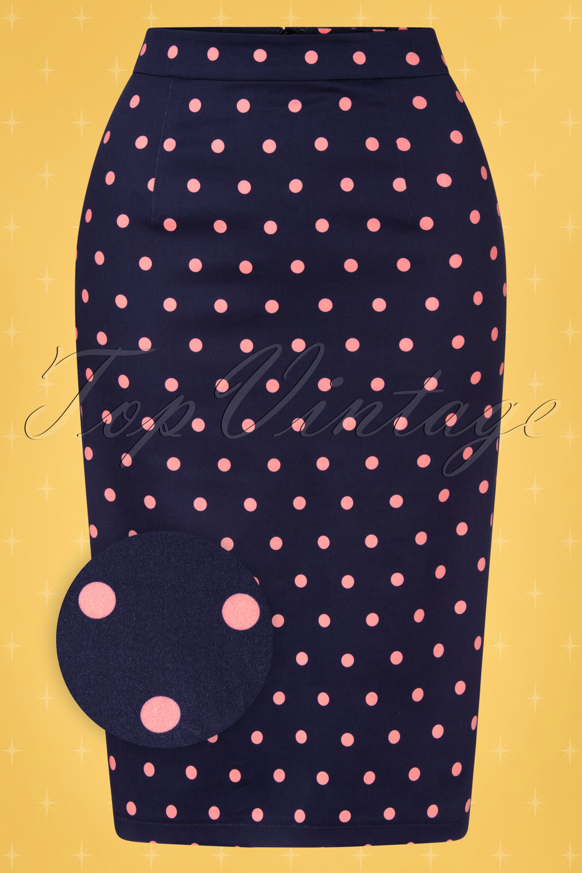 Collectif Topvintage 50s Polly Pretty Polka Pencil Skirt in Navy and Pink Shop at Topvintage