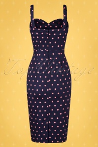 Collectif ♥ Topvintage - Kiana Pretty Polka pencil jurk in marineblauw en roze 7