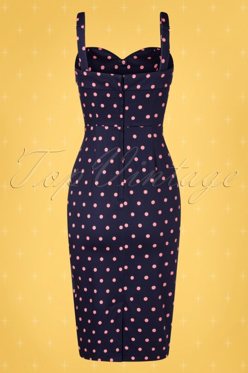 Collectif ♥ Topvintage - Kiana Pretty Polka pencil jurk in marineblauw en roze 7