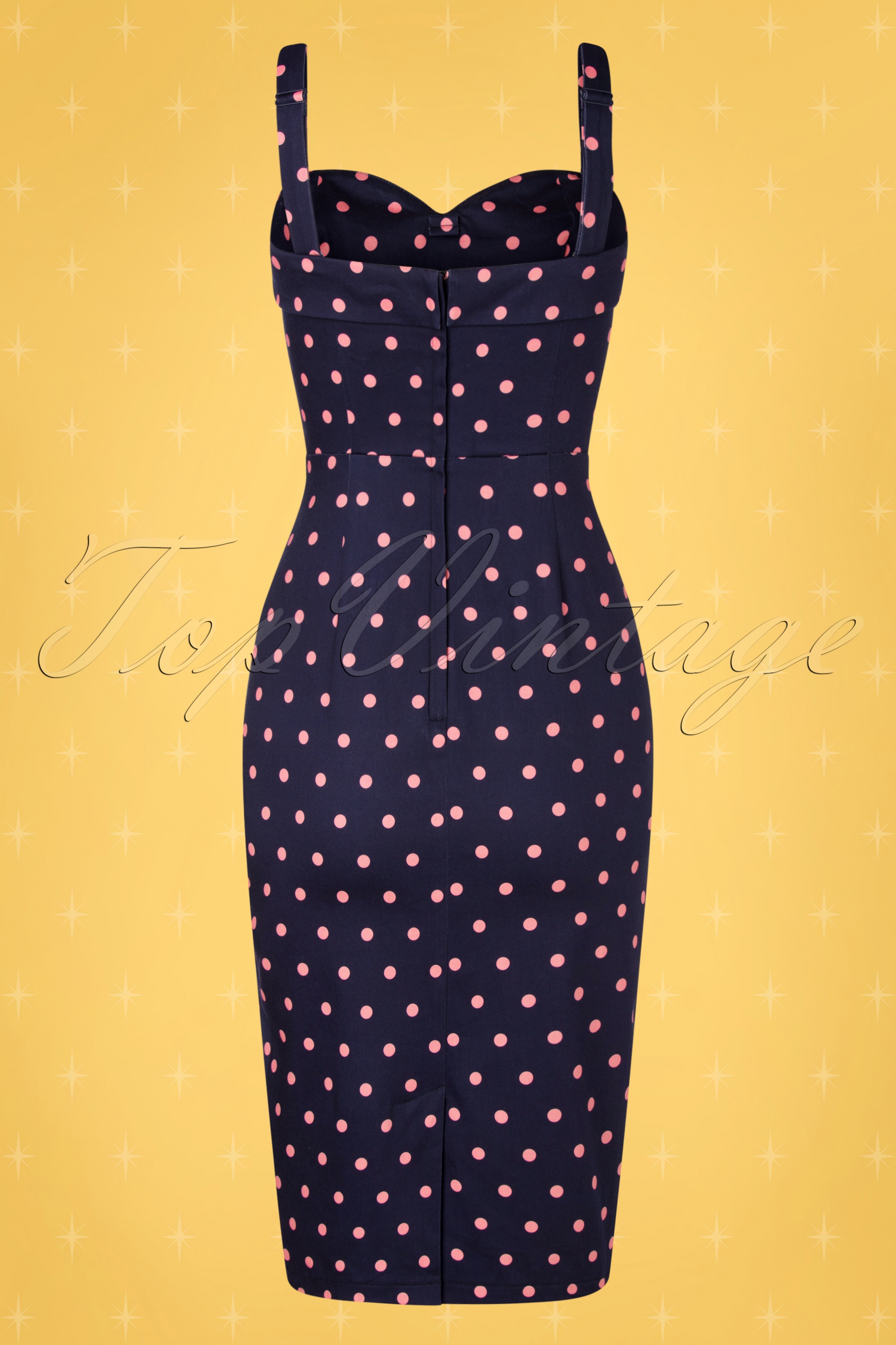 Collectif ♥ Topvintage - Kiana Pretty Polka pencil jurk in marineblauw en roze 7