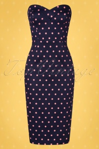 Collectif ♥ Topvintage - 50s Kiana Pretty Polka Pencil Dress in Navy and Pink 4