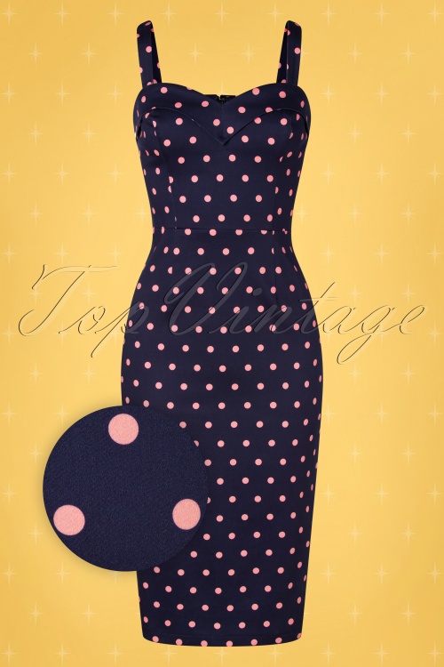 Collectif ♥ Topvintage - Kiana Pretty Polka pencil jurk in marineblauw en roze 3