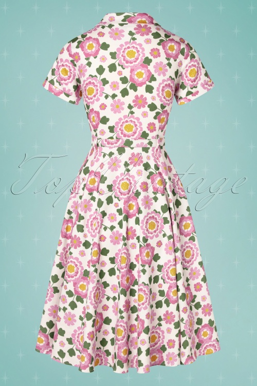 Collectif ♥ Topvintage - 50s Caterina Flower Power Swing Dress in White and Pink 6