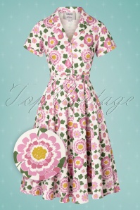 Collectif ♥ Topvintage - Caterina Flower Power Swing Dress Années 50 en Blanc et Rose 3