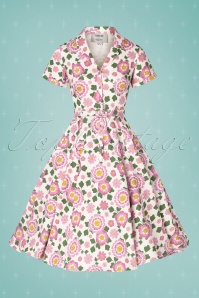 Collectif ♥ Topvintage - Caterina Flower Power Swing Dress Années 50 en Blanc et Rose 4