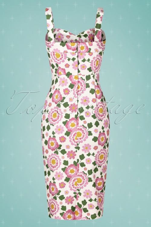 Collectif ♥ Topvintage - 50s Kiana Flower Power Pencil Dress in White and Pink 6