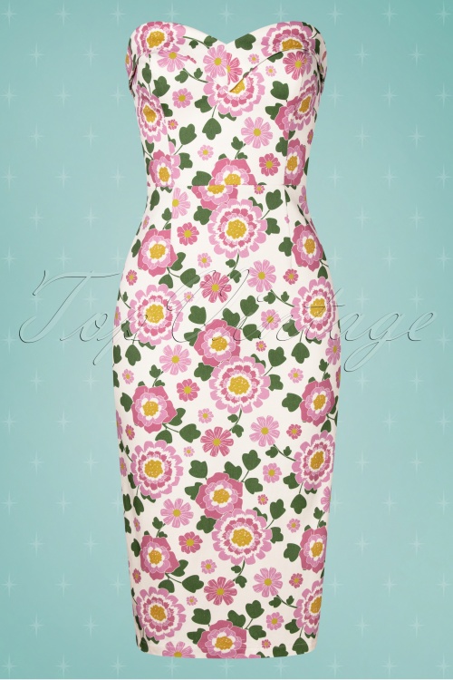 Collectif ♥ Topvintage - Kiana Flower Power Pencil Dress Années 50 en Blanc et Rose 3