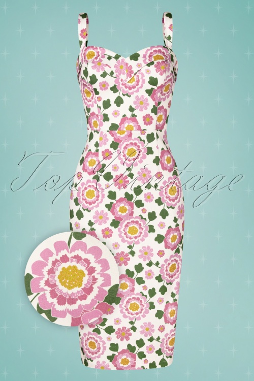 Collectif ♥ Topvintage - Kiana Flower Power pencil jurk in wit en roze 2