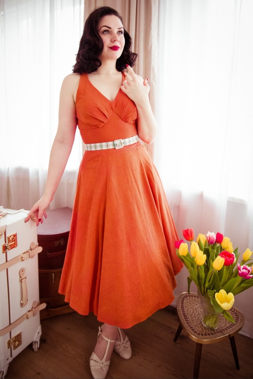 Miss Candyfloss - 50s Verla Fire Summer Swing Dress in Yam Orange