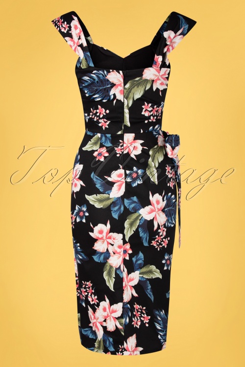 Rebel Love Clothing - Sumatra Floral Sarong Pencil Dress Années 50 en Noir 4