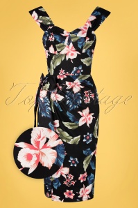 Rebel Love Clothing - Sumatra Floral Sarong Pencil Dress Années 50 en Noir