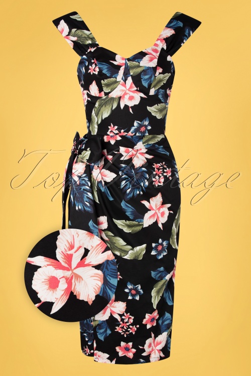 Rebel Love Clothing - Sumatra Floral Sarong Pencil Dress Années 50 en Noir