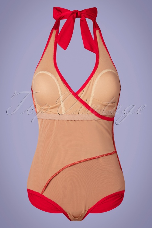 Esther Williams - 50s Ann Margaret One Piece Halter Swimsuit in Red 5