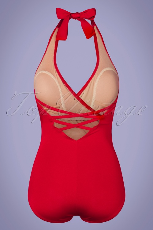 Esther Williams - 50s Ann Margaret One Piece Halter Swimsuit in Red 4