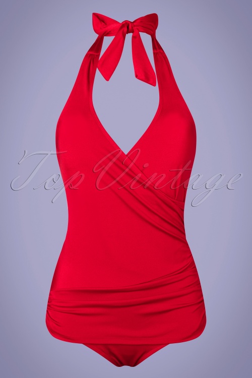 Esther Williams - 50s Ann Margaret One Piece Halter Swimsuit in Red 2