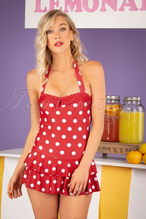Pussy Deluxe - 50s Classic Polkadot Halter Swimsuit in Red and White