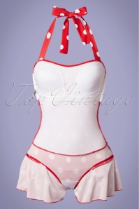 Pussy Deluxe - 50s Classic Polkadot Halter Swimsuit in Red and White 4