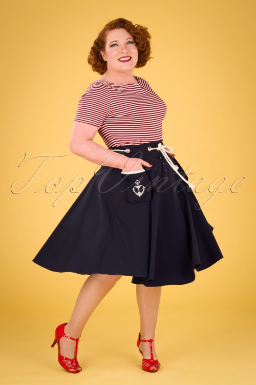 Vixen - Florence Anchor And Rope Swing Skirt Années 50 en Bleu Marine