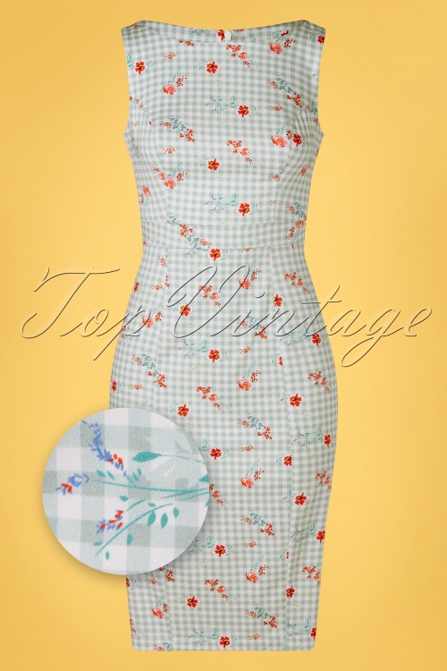 Hearts & Roses - 50s Sandra Floral Wiggle Dress in Mint Gingham 2