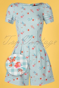 Hearts & Roses - 50s Angela Floral Playsuit in Light Blue Gingham 2