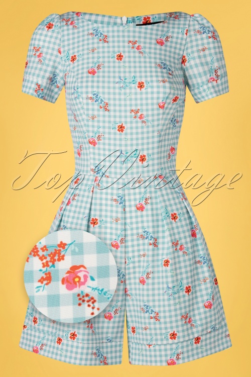 Hearts & Roses - 50s Angela Floral Playsuit in Light Blue Gingham 2