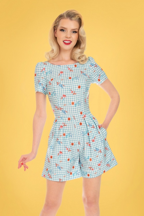 Hearts & Roses - 50s Angela Floral Playsuit in Light Blue Gingham