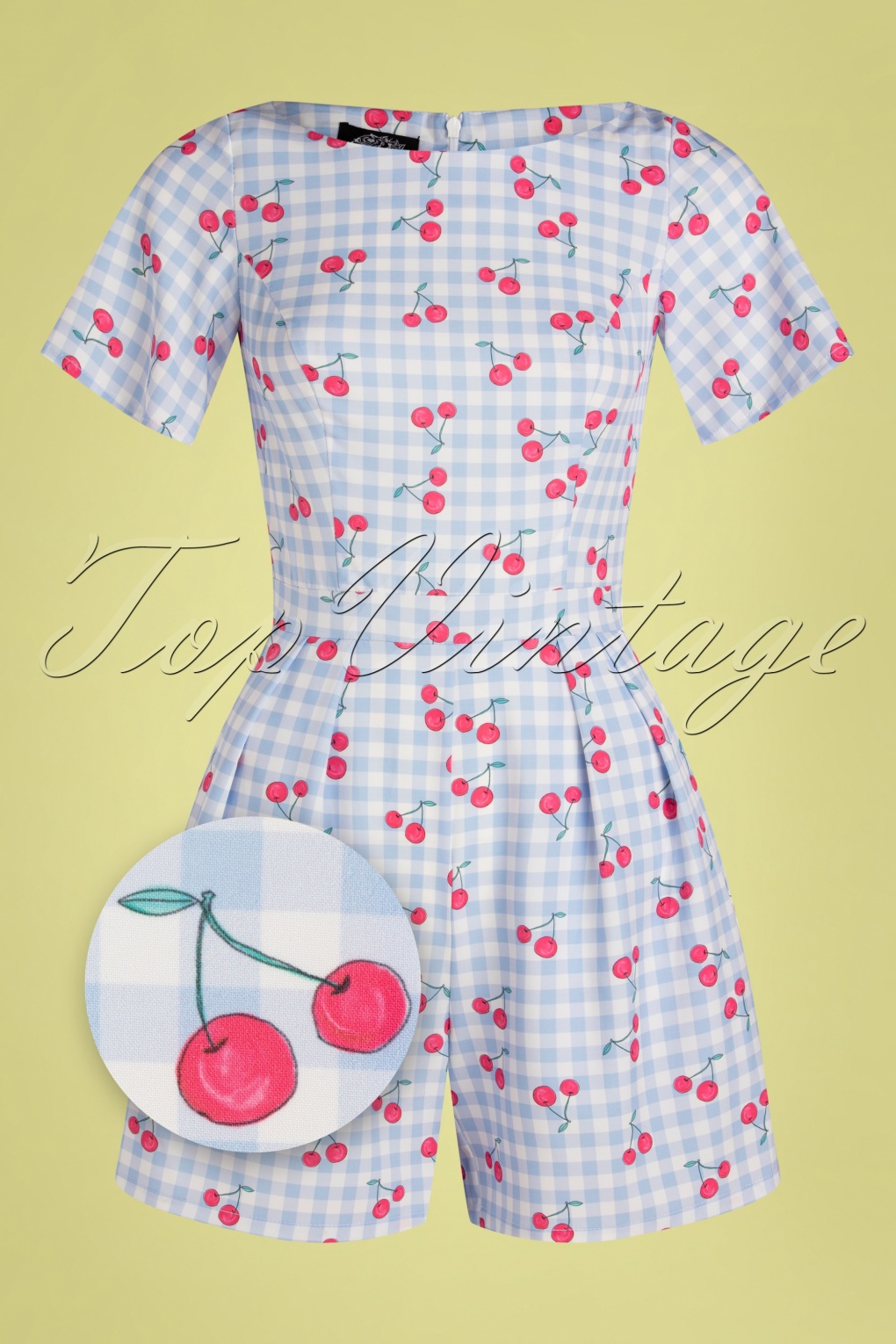 50s Valerie Cherry Playsuit In Light Blue Gingham