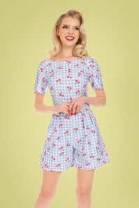 Hearts & Roses - Valerie Cherry playsuit in lichtblauw gingham