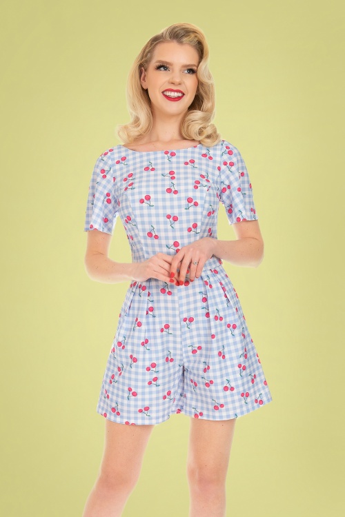 Hearts & Roses - Valerie Cherry playsuit in lichtblauw gingham