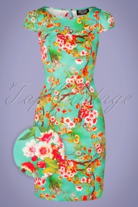 Hearts & Roses - 50s Janet Floral Wiggle Dress in Turquoise Blue 2
