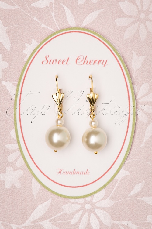 Sweet Cherry - 50s Champagne Pearl Earrings in Gold and Ivory  2
