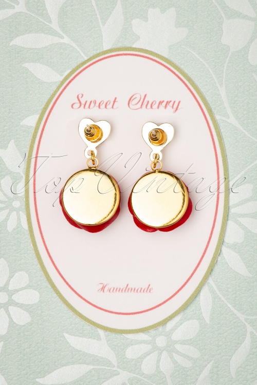 Sweet Cherry - 50s Peony Rose Heart Earrings in Red and Gold 3