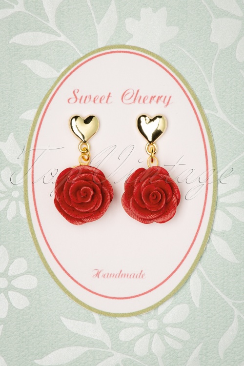 Sweet Cherry - 50s Peony Rose Heart Earrings in Red and Gold