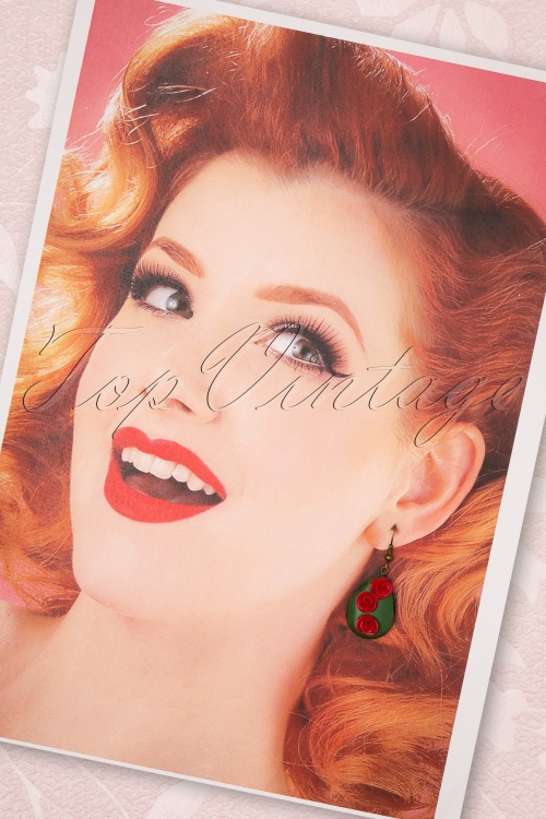 Sweet Cherry - Romantic Rose Drop Earrings Années 50 en Vert et Rouge 2