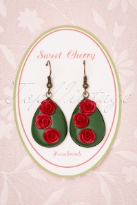 Sweet Cherry - Romantic Rose Drop Earrings Années 50 en Vert et Rouge