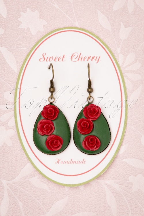 Sweet Cherry - Romantic Rose Drop Earrings Années 50 en Vert et Rouge