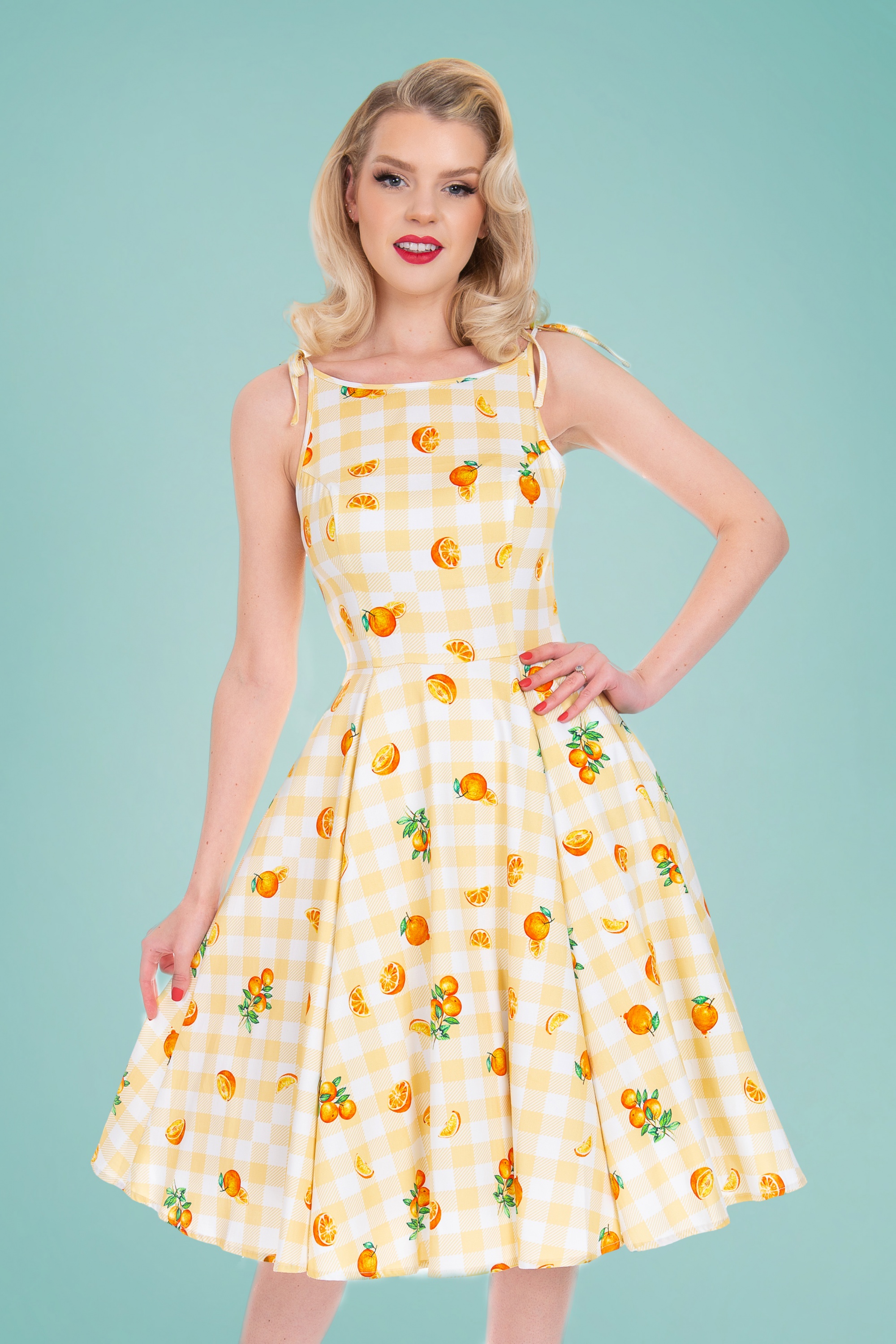 Hearts & Roses 50s Marianne Gingham Orange Swing Dress in Yellow and ...