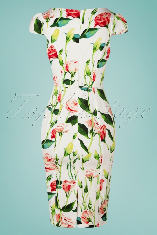 Hearts & Roses - Linda Floral Wiggle Dress Années 50 en Blanc 4