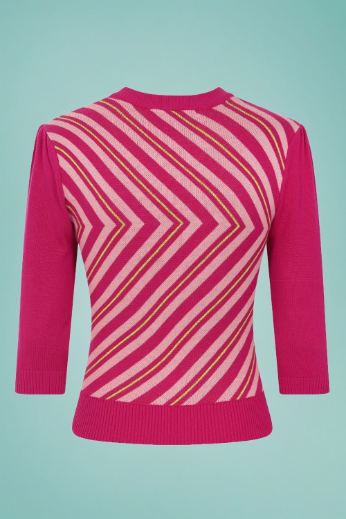 Collectif Clothing - 60s Christie V Stripe Knitted Top in Raspberry 2
