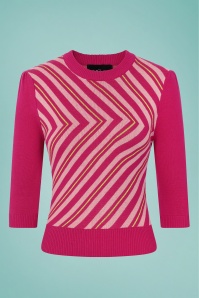 Collectif Clothing - 60s Christie V Stripe Knitted Top in Raspberry