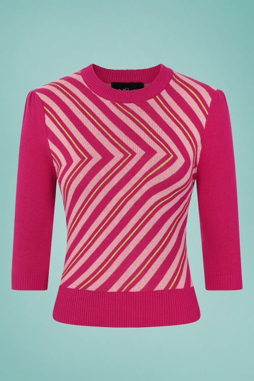 Collectif Clothing - 60s Christie V Stripe Knitted Top in Raspberry