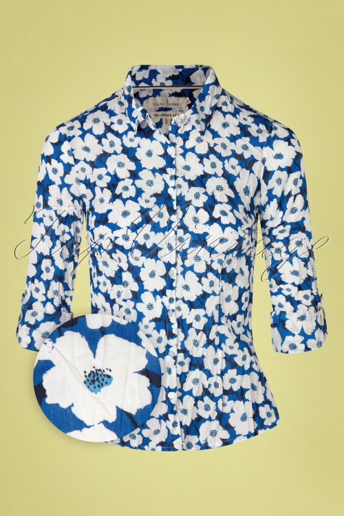 Seasalt - Larissa Mallow Flower Blouse Années 70 en Bleu Cargo