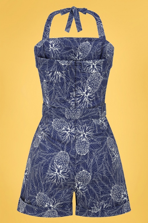 Collectif Clothing - Jojo Pineapple Palm Playsuit Années 50 en Bleu Marine 2