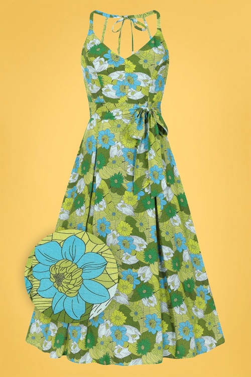 Bright and Beautiful - Jayleen Floral Palm Maxi Dress Années 70 en Vert et Bleu