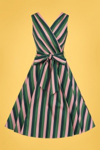 Collectif Clothing - 50s Patricia Palm Stripe Swing Dress in Pink and Green