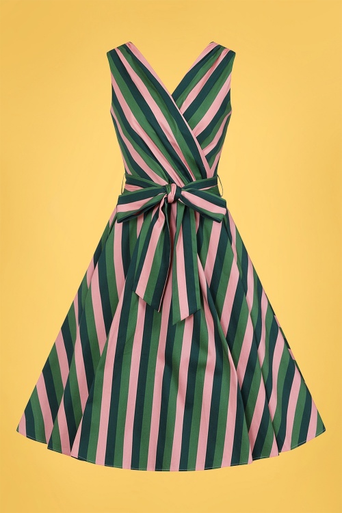Collectif Clothing - Patricia Palm Stripe Swing Dress Années 50 en Rose et Vert