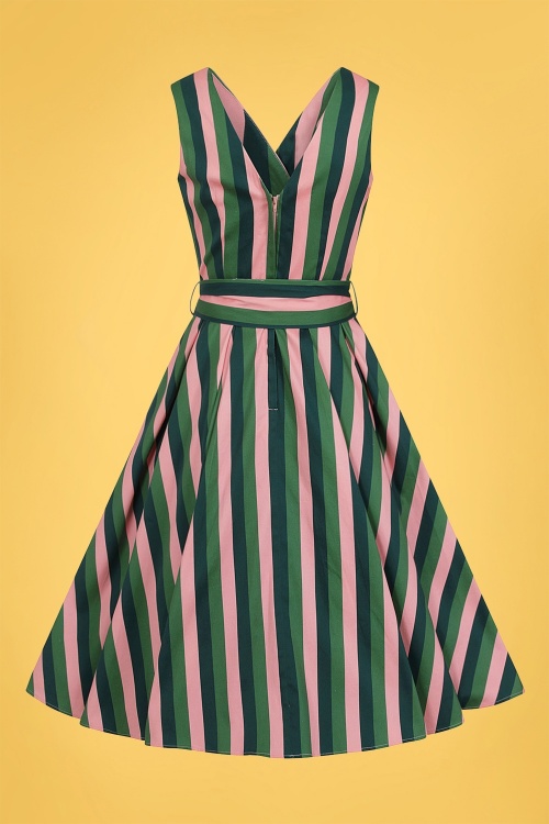 Collectif Clothing - Patricia Palm Stripe Swing Dress Années 50 en Rose et Vert 4