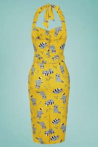 Collectif Clothing - 50s Wanda Ravenous Raccoons Pencil Dress in Yellow 4
