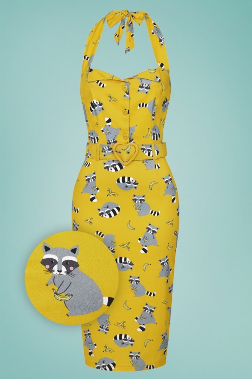 Collectif Clothing - Wanda Ravenous Raccoons Pencil Dress Années 50 en Jaune