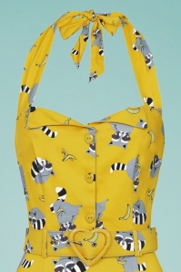 Collectif Clothing - 50s Wanda Ravenous Raccoons Pencil Dress in Yellow 2